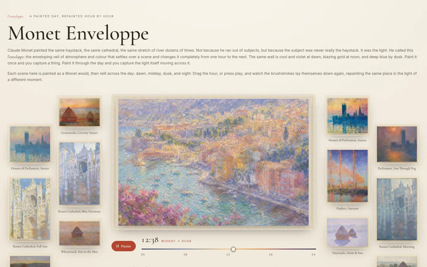 A photograph repainted as a Monet (a harbour town in loose violet and gold brushstrokes) surrounded by smaller studies of Rouen Cathedral and the grainstacks, above a slider marking the hours of the day.