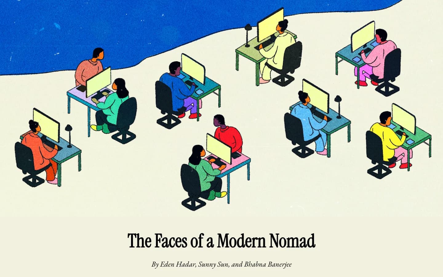 An illustration of remote workers at desks scattered across a beach beside blue water and green hills, above the title The Faces of a Modern Nomad.