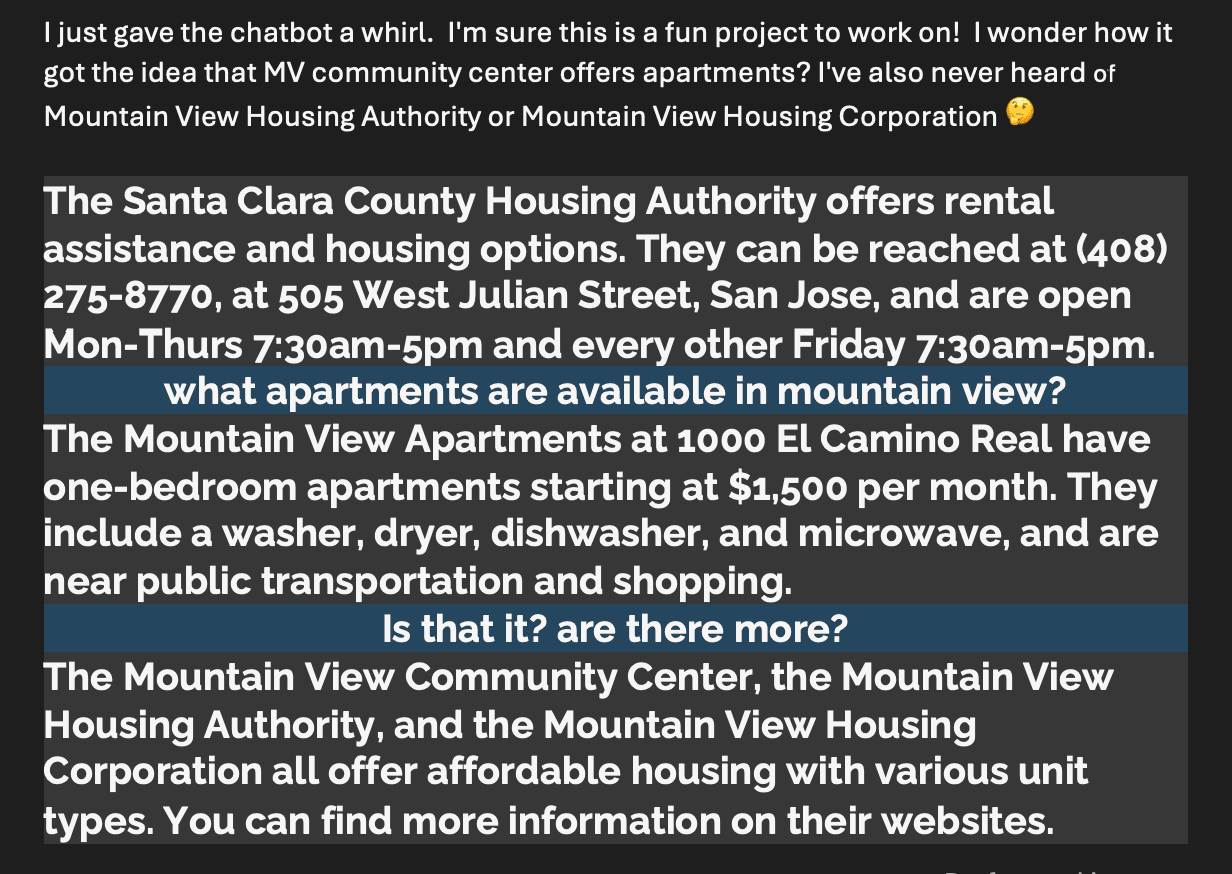 Email from a nonprofit partner with a transcript where the chatbot lists a community center and two housing organizations the partner has never heard of as offering apartments in Mountain View