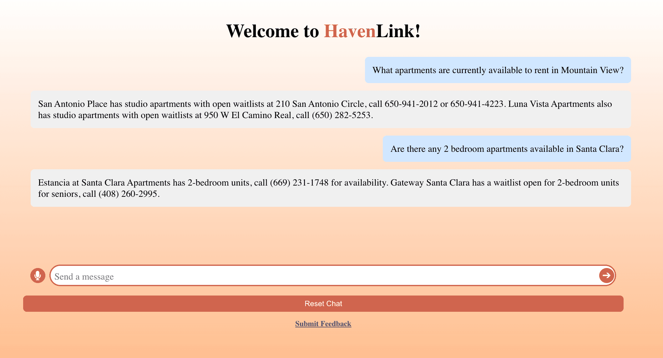 HavenLink chat answering what apartments are available in Mountain View with named apartments, addresses, waitlist status, and phone numbers