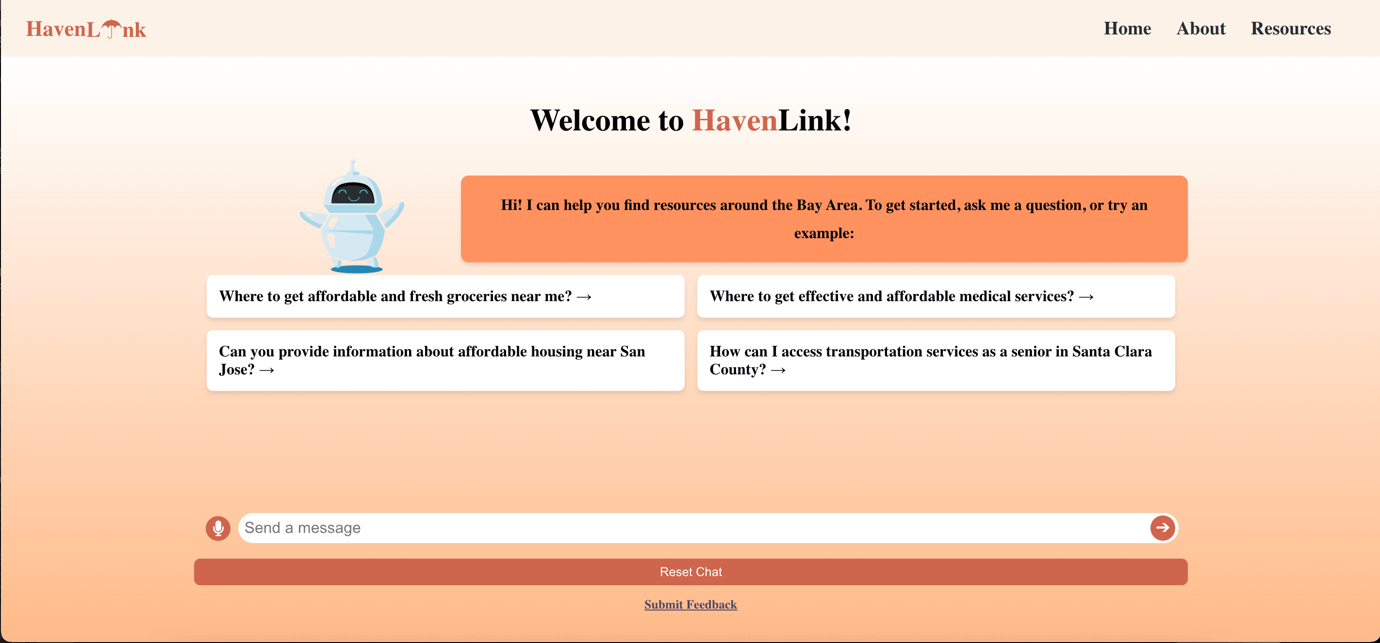 HavenLink V2 homepage with a welcome message and four example questions about groceries, medical services, housing, and transportation