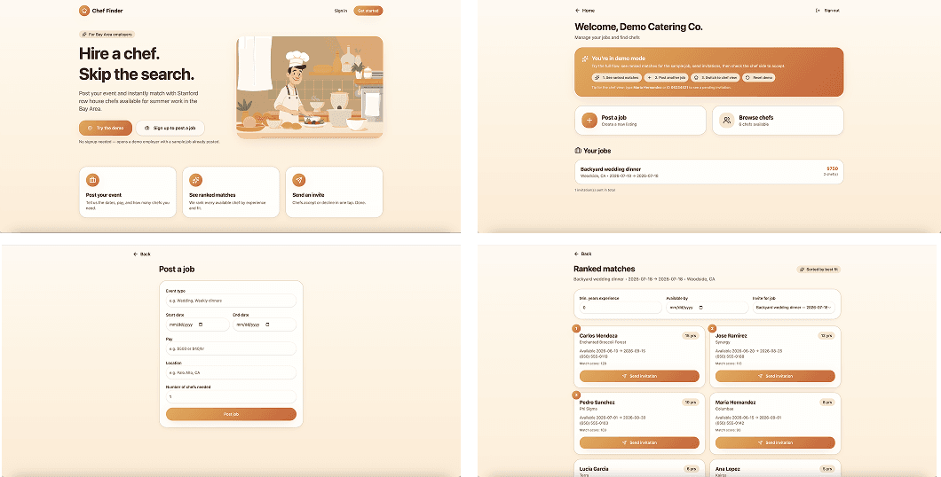 Bay Area Chef Match prototype: employer-facing chef hiring flow