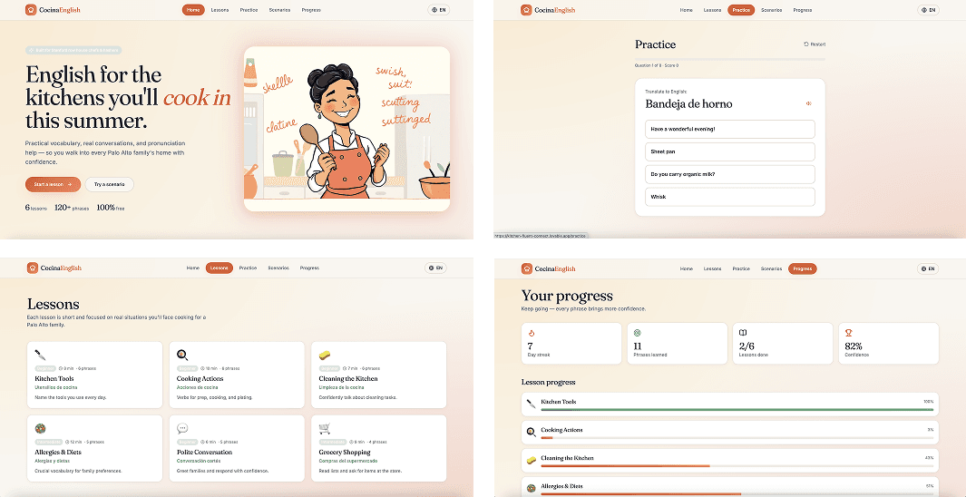 Cocina English prototype: bilingual kitchen vocabulary lessons