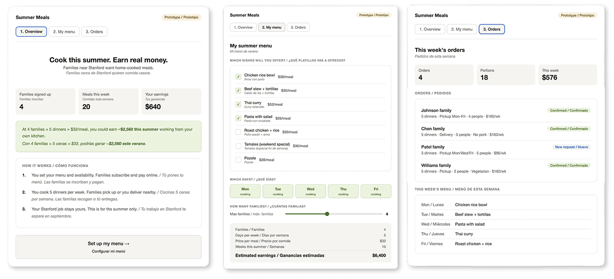 Summer Meal Subscription prototype: chefs list menus and set availability