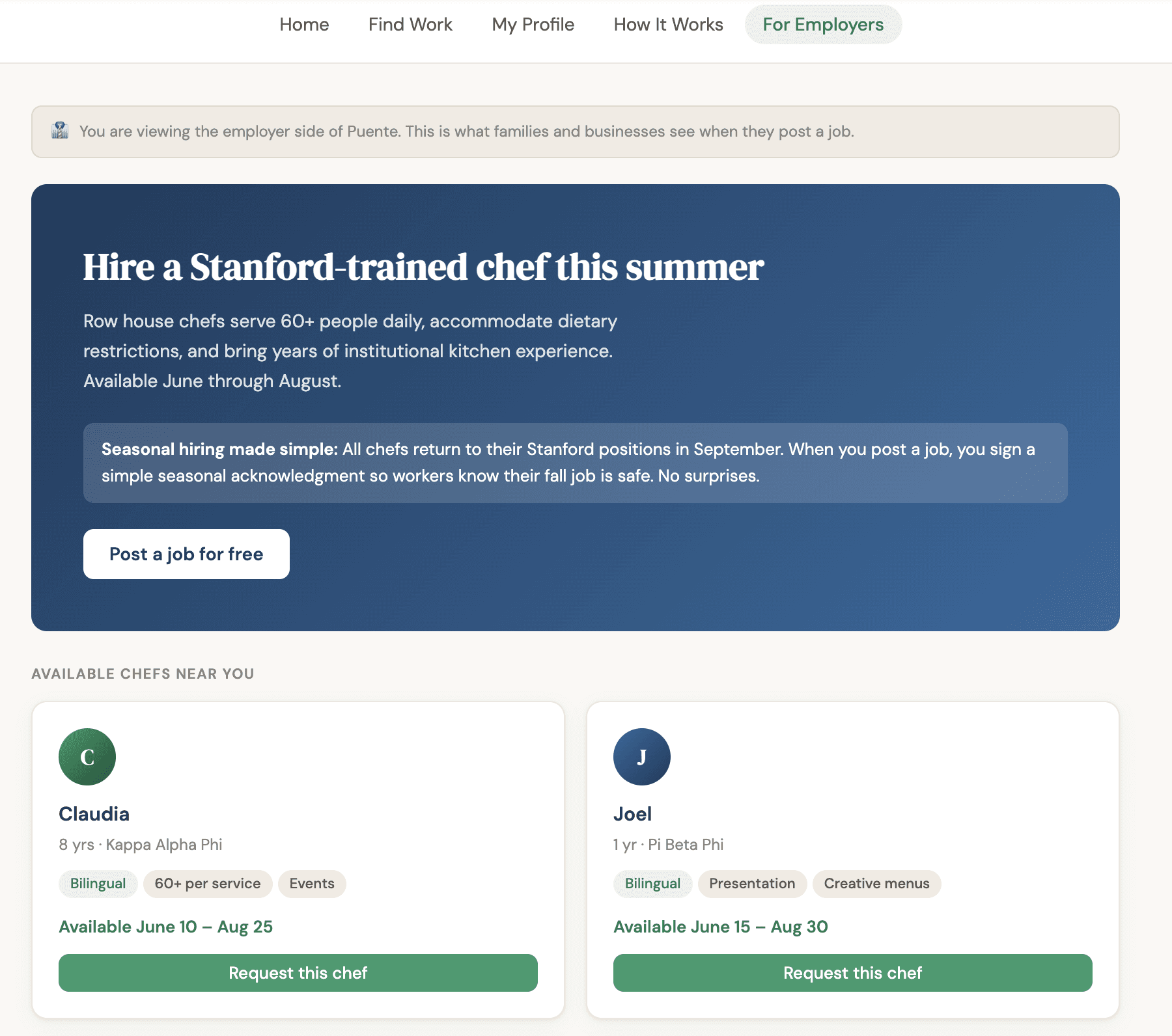Puente employer screen with a hire a Stanford-trained chef banner, a seasonal acknowledgment callout, and available chef cards