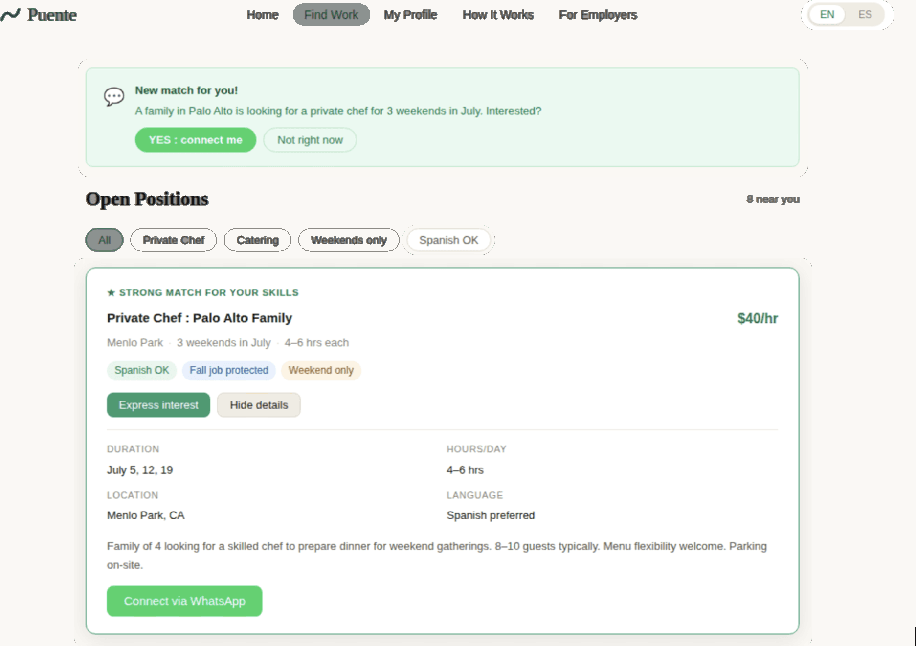 Puente find work screen showing a WhatsApp match banner with yes and no buttons above a list of open positions