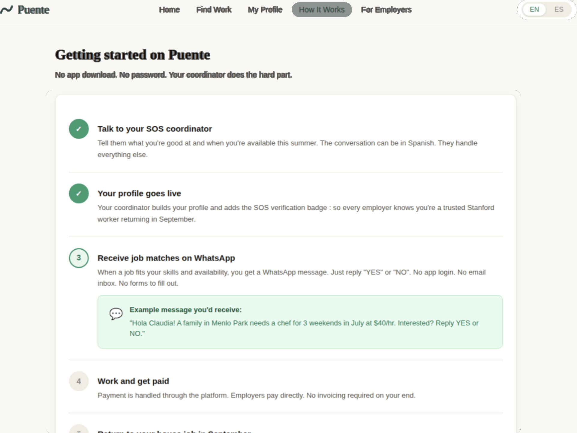 Puente how it works screen showing a five-step onboarding flow including a live WhatsApp message example