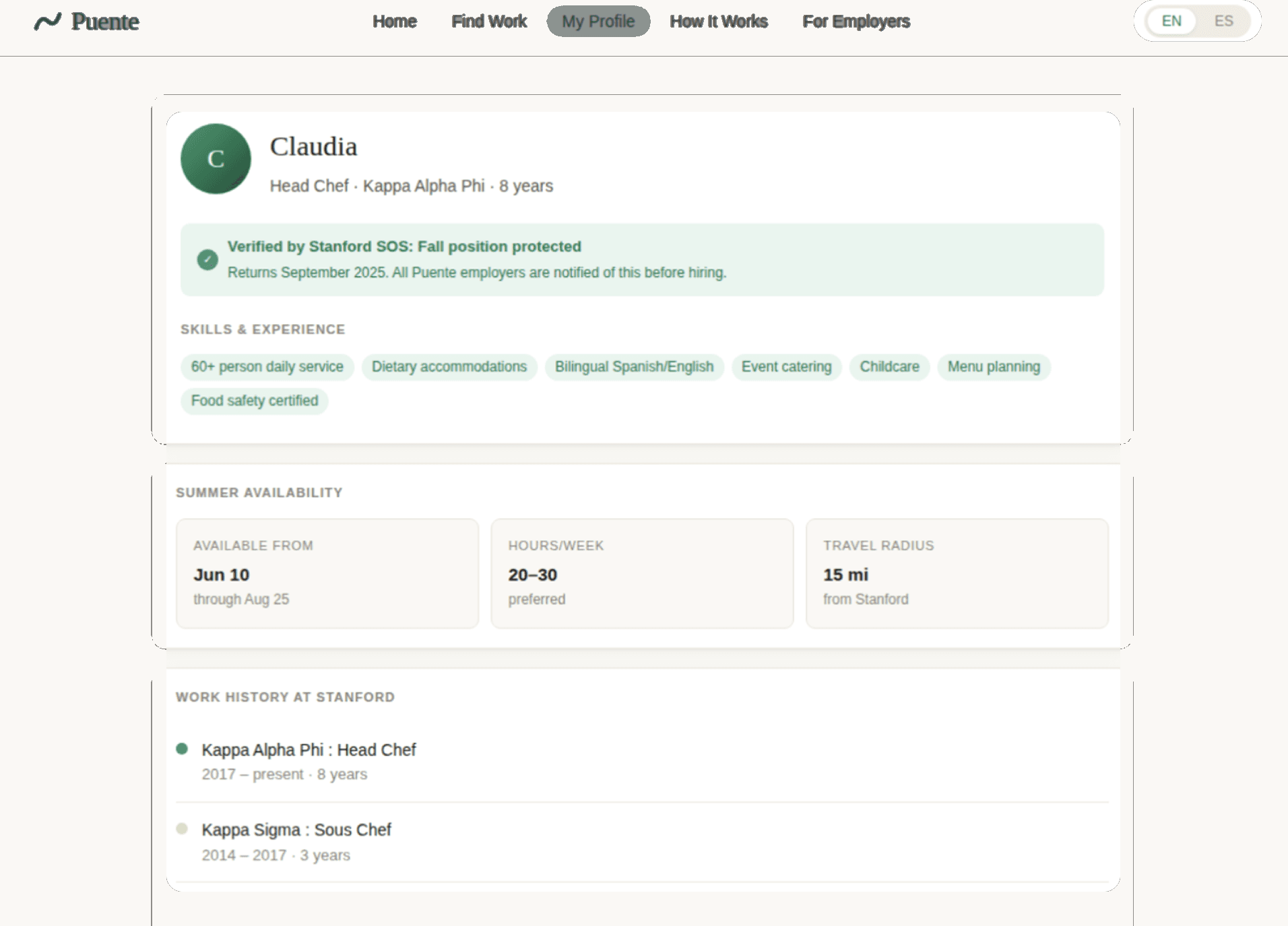 Puente chef profile showing a Stanford SOS verification strip, skill tags, and a summer availability block