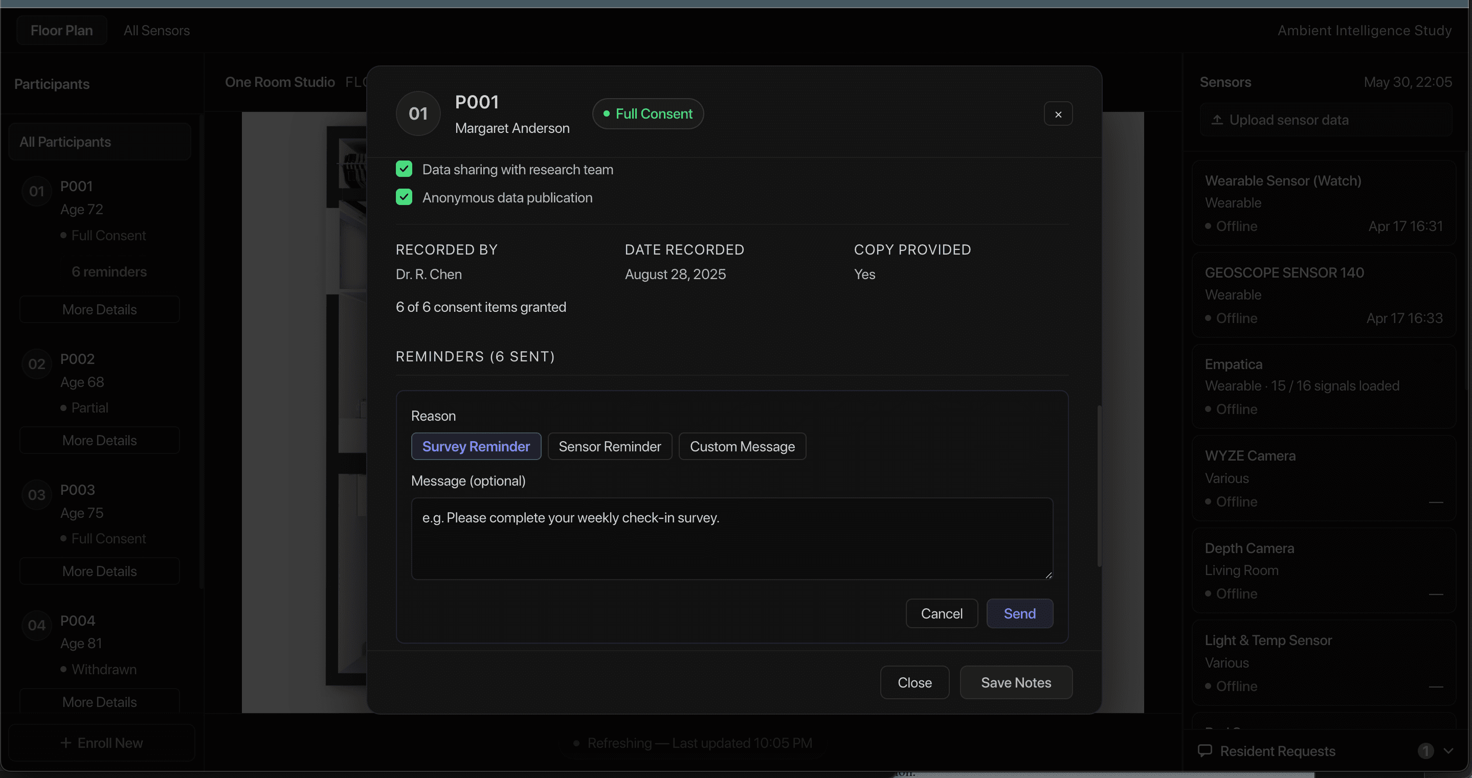 Participant record with reminders section and running reminder total