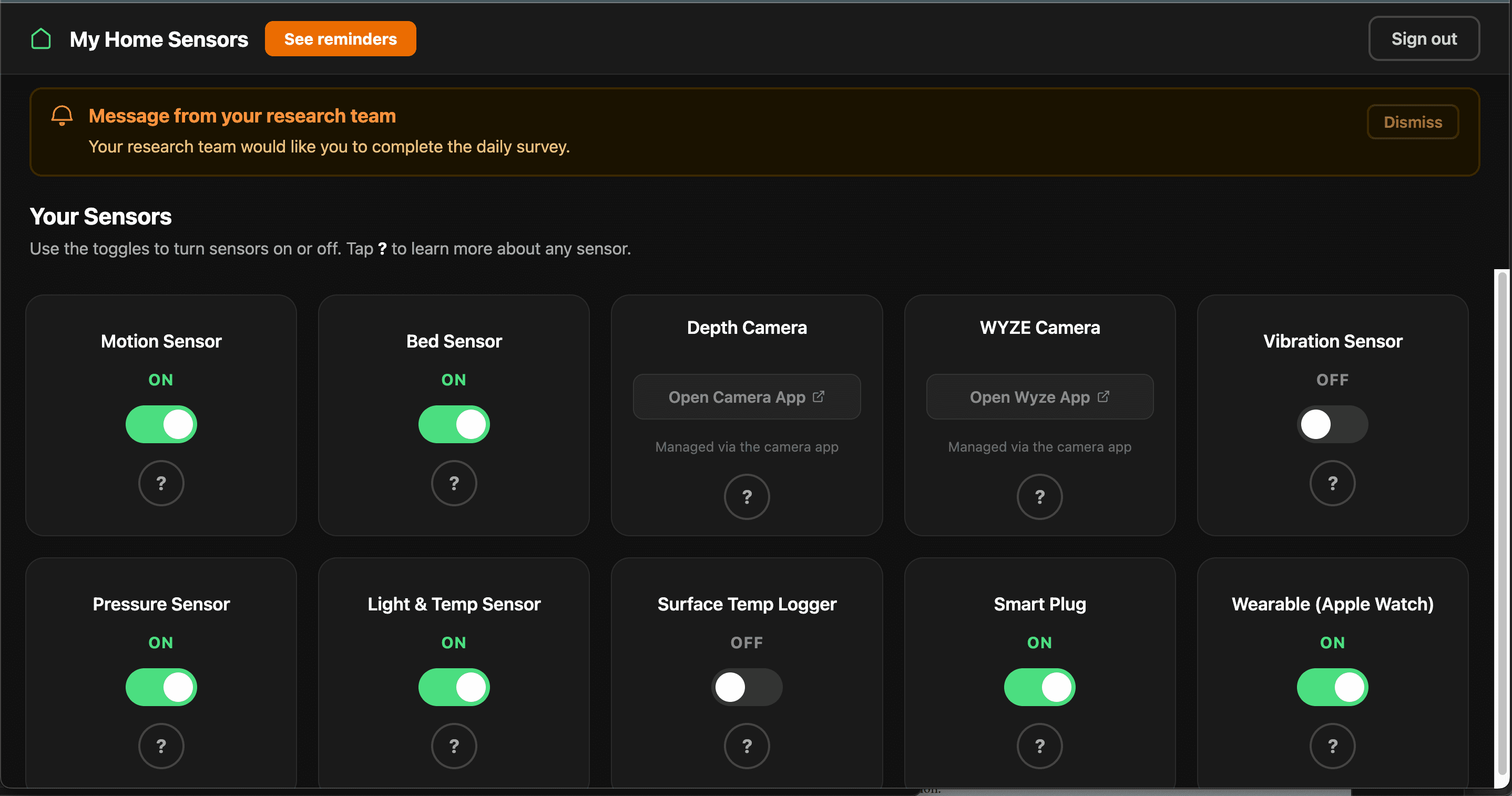 Participant dashboard with each sensor shown as on or off and consent controls