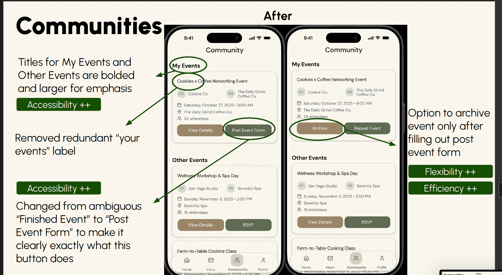 Stitch community page after hi-fi — Sev 1–2 issues addressed