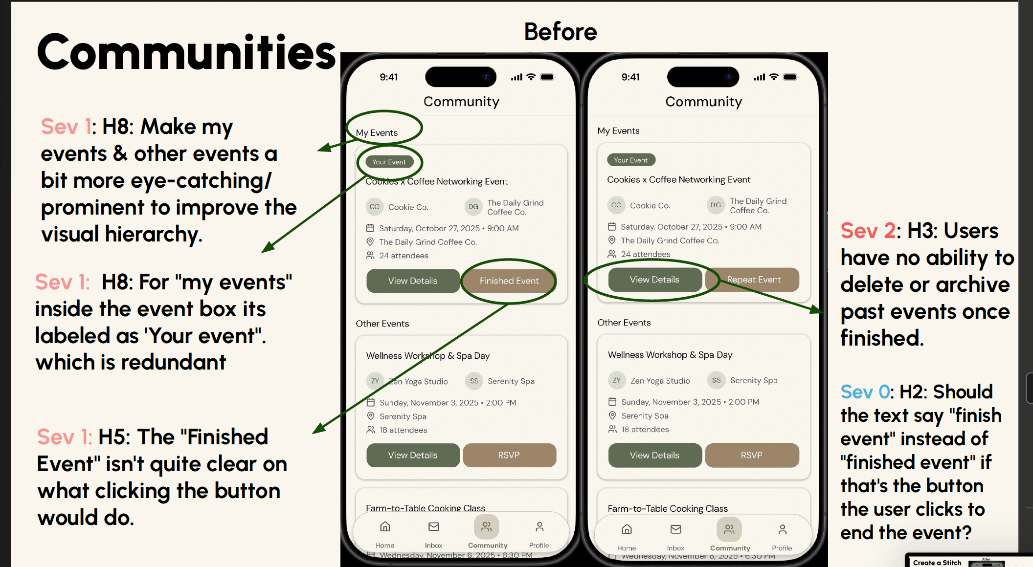 Stitch community page before hi-fi — med-fi heuristic fixes (Sev 1–2)