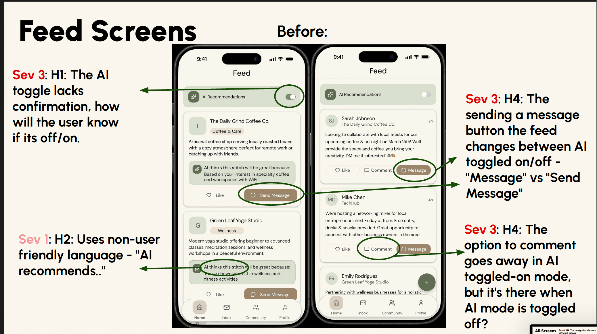 Stitch feed screens before hi-fi — med-fi heuristic fixes (Sev 3)