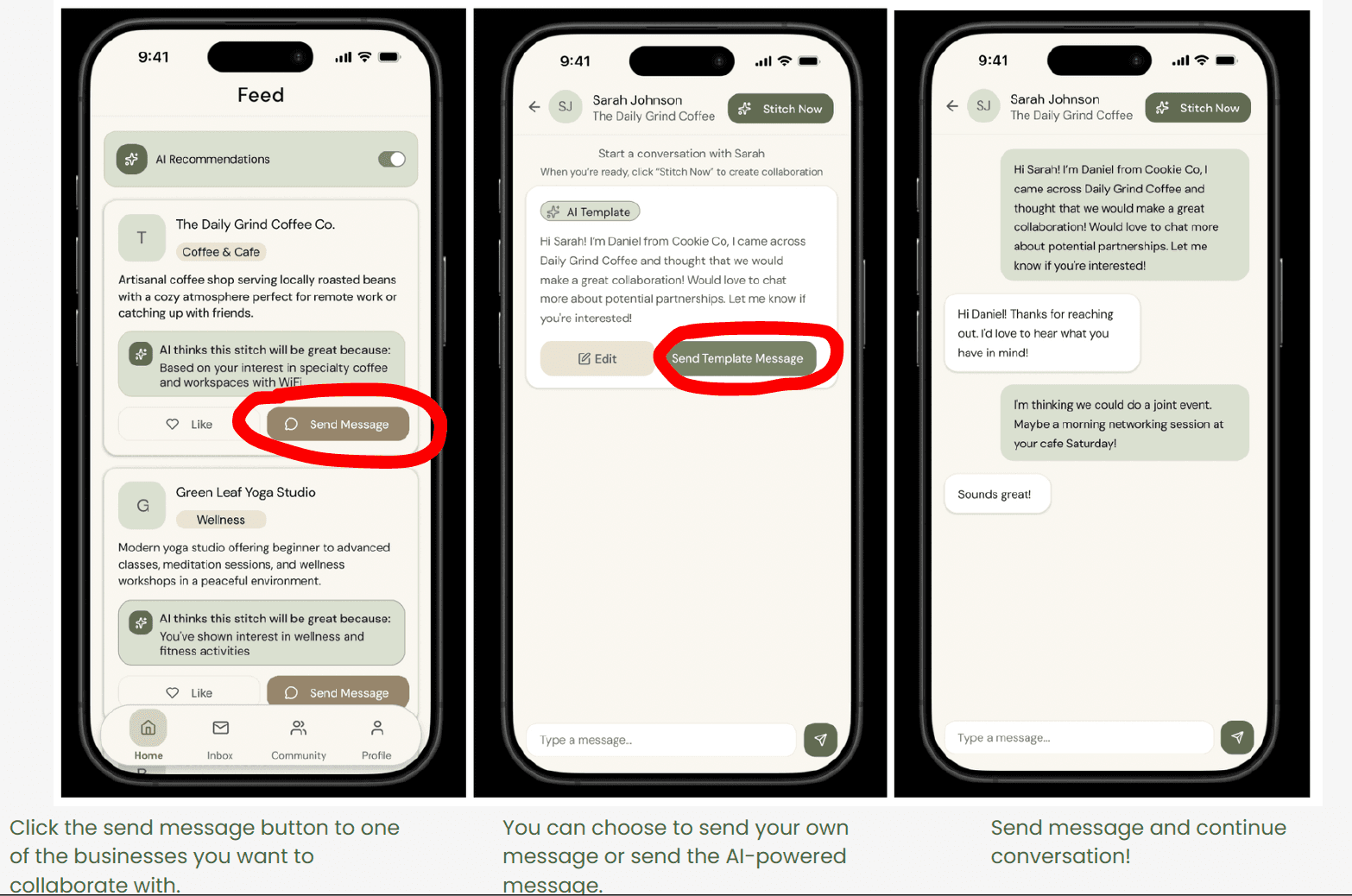 Med-fi Figma screens for the simple task — sending a message to collaborate
