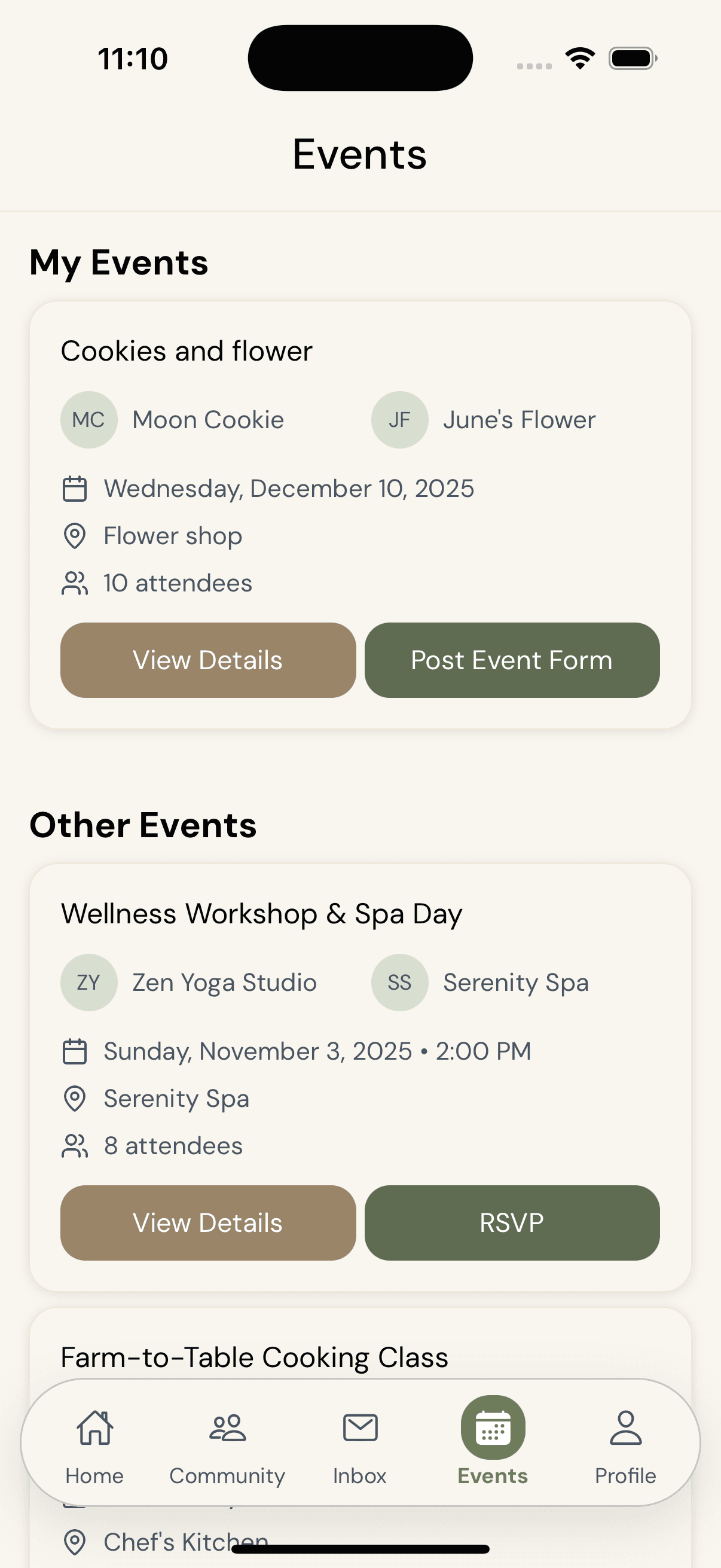 Stitch app — events page