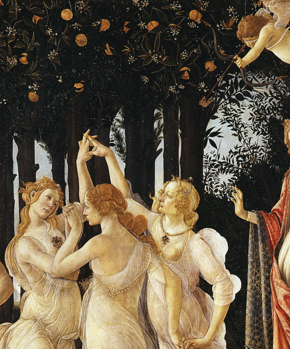 Detail of Botticelli's Primavera: the Three Graces dancing with their hands joined above them, and Cupid drawing a bow overhead. The plate is printed as ink except for the archer and his arrow, which are left in full colour.