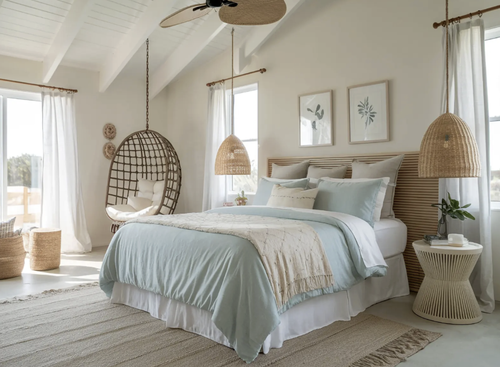 Real bedroom interior — coastal aesthetic with hanging chair
